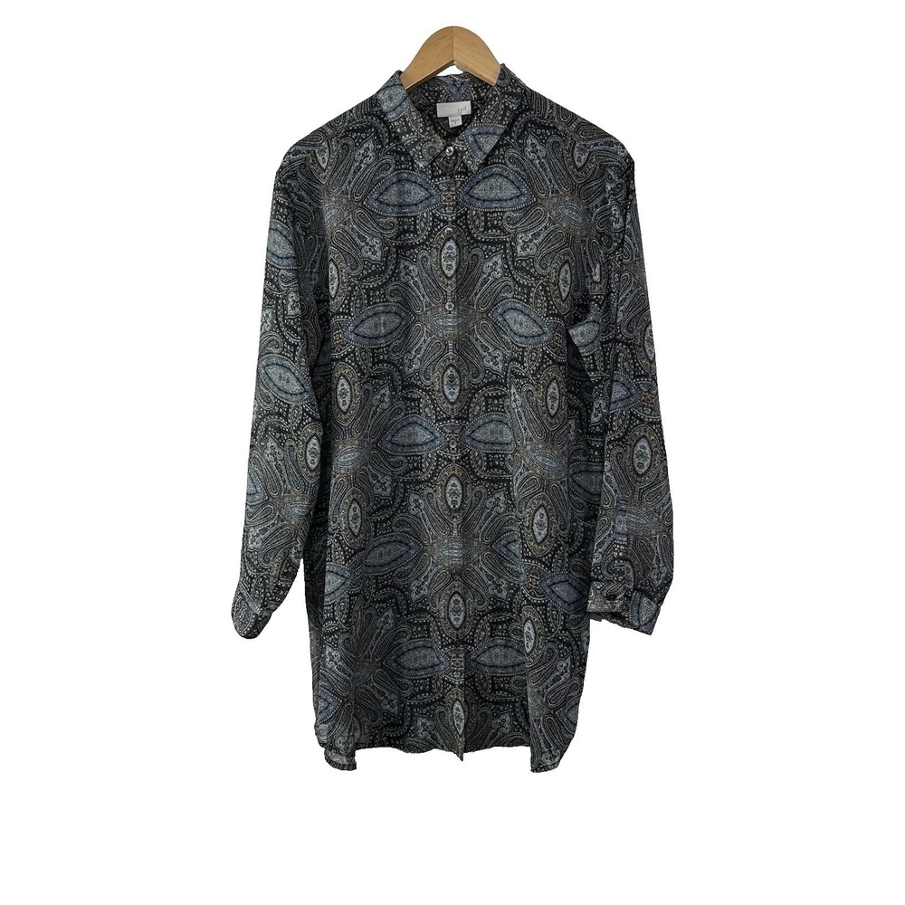 J. Jill Semi Sheer Tunic Blouse Womens Medium Button Up Blue Paisley Boho Artsy